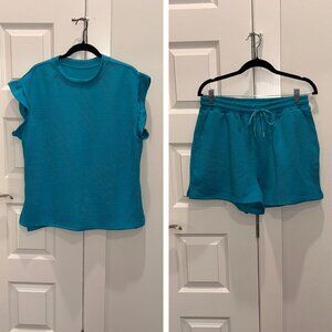 TurquoiseTextured Knit Matching Short Set